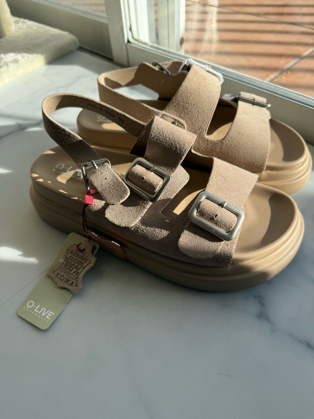 Beige Suede Double-Buckle Platform Sandals NEW